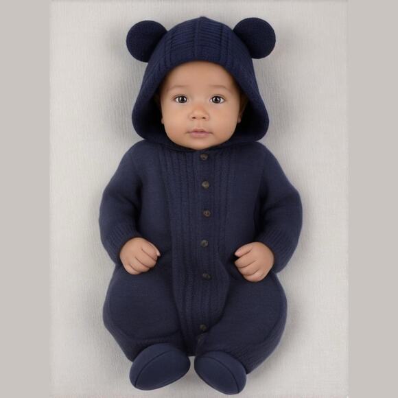Cat & Jack Boys Romper Size 3-6 Mo Hooded Critter Sweater Blue Ears NEW - Picture 1 of 8